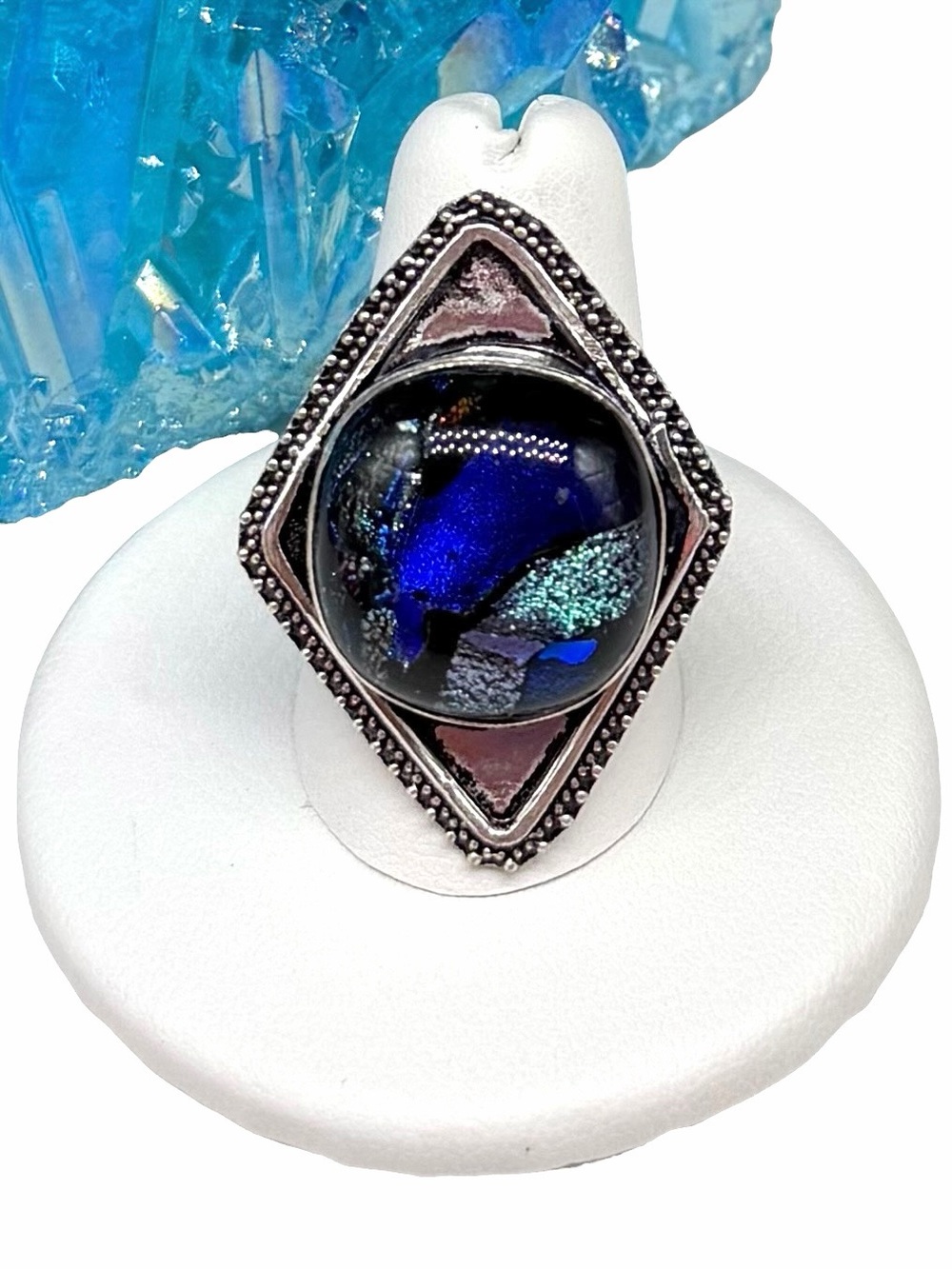 Blue Dichroic Art Glass Ring Size 9.5 925 Sterling Silver Overlay